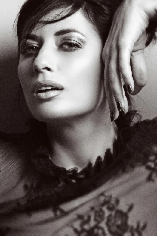 a black and white photo of a woman, a black and white photo, inspired by George Hurrell, pexels, angela sarafyan, salma hayek portrait, square, mario testino