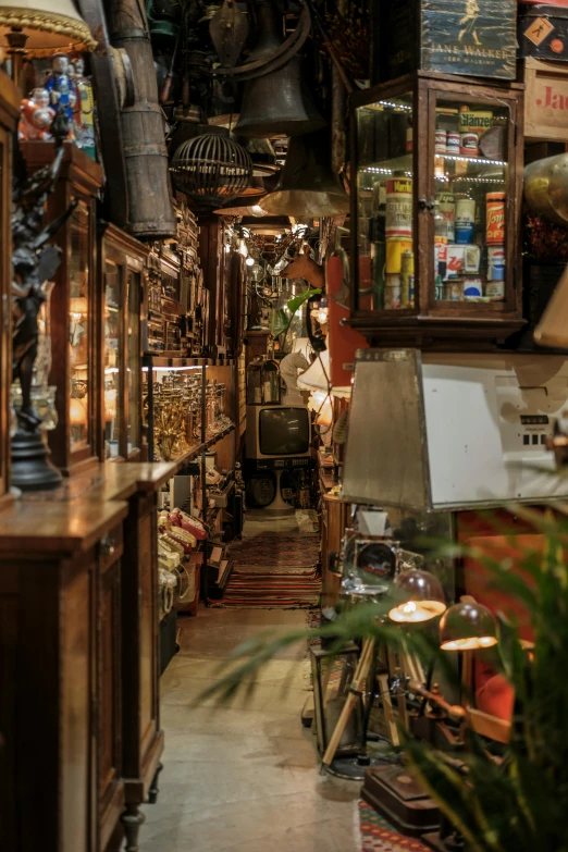 a store filled with lots of different types of furniture, maximalism, cozy dark 1920s speakeasy bar, a busy arcade, exterior shot, brown