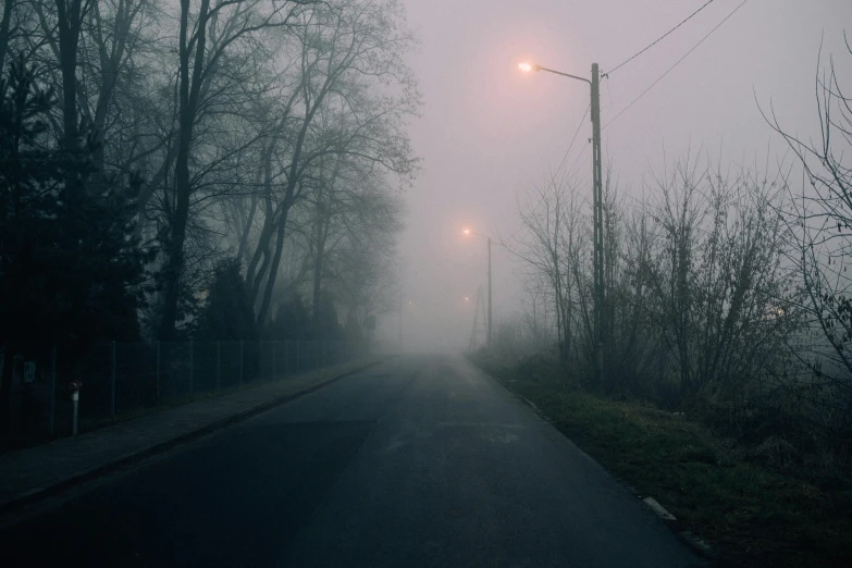 a street light in the middle of a foggy street, an album cover, inspired by Elsa Bleda, pexels contest winner, postminimalism, walking through a suburb, julian ope, grey, terrified