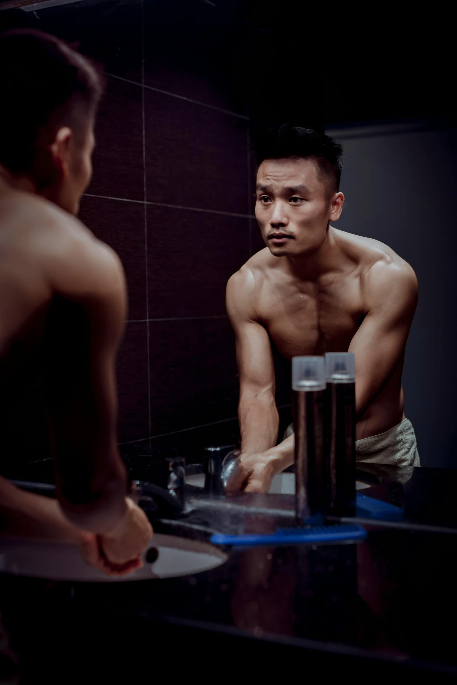 a man that is standing in front of a mirror, inspired by Joong Keun Lee, happening, lean man with light tan skin, award - winning photo ”, profile image, sink