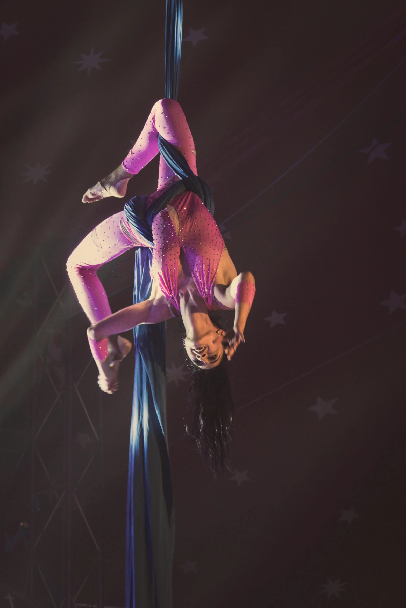 a woman hanging upside down on a pole, by Lee Loughridge, arabesque, aerial iridecent veins, inside a circus tent, avatar image, high quality upload