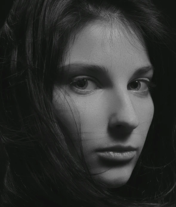 a black and white photo of a woman with long hair, inspired by Marina Abramović, pexels contest winner, hyperrealism, beautiful cheekbones, teenage girl, monochrome 3 d model, girl with brown hair