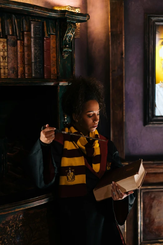 a woman reading a book in a library, inspired by Hermione Hammond, wearing wizard robes, ashteroth, ( ( theatrical ) ), immersive