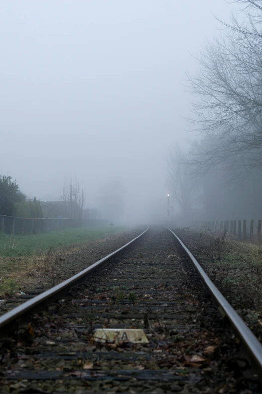 a train track on a foggy day, by Jan Gregoor, unsplash, taken in the late 2010s, an abandoned, pale blue fog, spooky photo