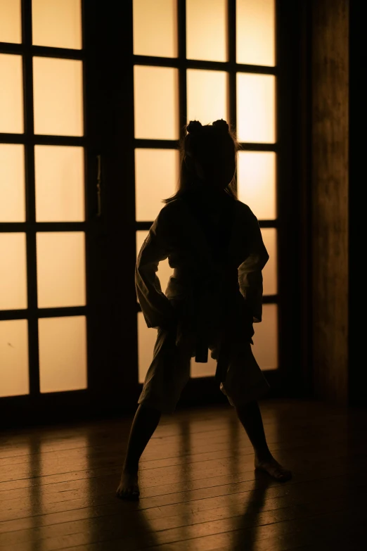 a woman standing in a dimly lit room, a picture, inspired by Kanō Shōsenin, unsplash, karate outfit, silhouetted, in doors, of a youthful japanese girl