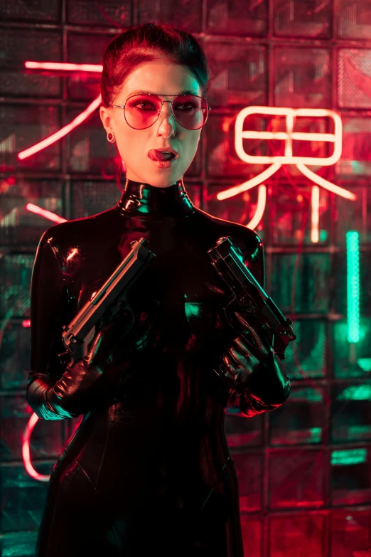 a woman in a latex outfit holding a gun, cyberpunk art, inspired by Hedi Xandt, cai xukun, 8 0 s asian neon movie still, death and robots, 5 0 0 px models