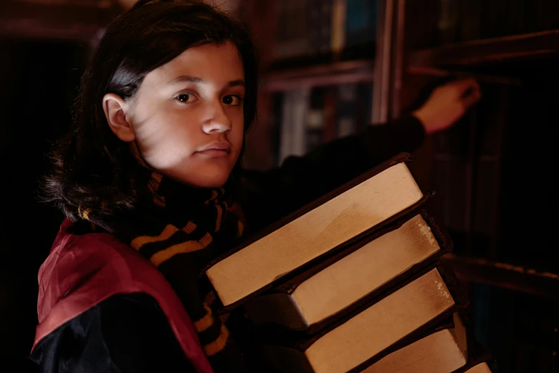 a woman holding a stack of books in a library, an album cover, inspired by Hermione Hammond, pexels contest winner, isabela moner, finn wolfhard, weta workshop, still from loki ( 2 0 2 1 )