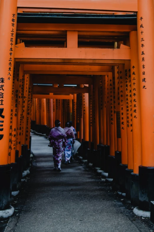 a row of orange tori tori tori tori tori tori tori tori tori tori tori tori tori tori, a picture, inspired by Torii Kiyomasu, pexels contest winner, ukiyo-e, medium shot of two characters, archway, floating in a powerful zen state, hyperdetailed photo