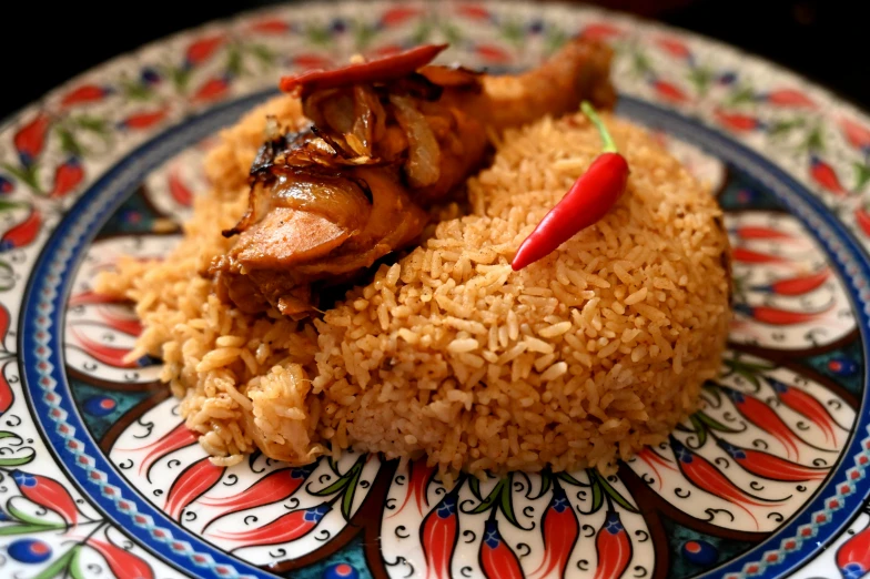 a close up of a plate of food on a table, hurufiyya, african ameera al taweel, profile image, fan favorite, chicken