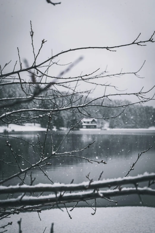 a black and white photo of a snowy lake, a black and white photo, pexels contest winner, a cozy, dreary, cold color, an intricate