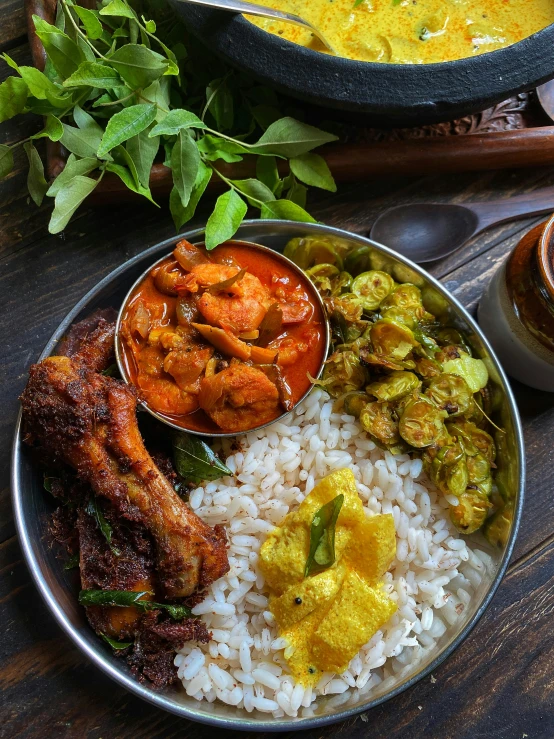 a close up of a plate of food on a table, inspired by John Steuart Curry, pexels contest winner, hurufiyya, kerala village, thumbnail, full body image