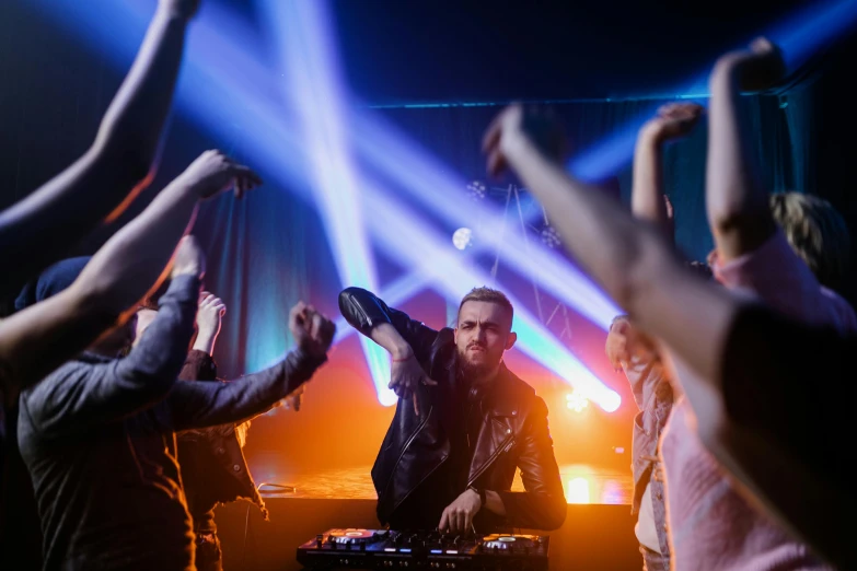 a group of people that are standing in front of a dj, dancing, conor walton, lights, h3h3