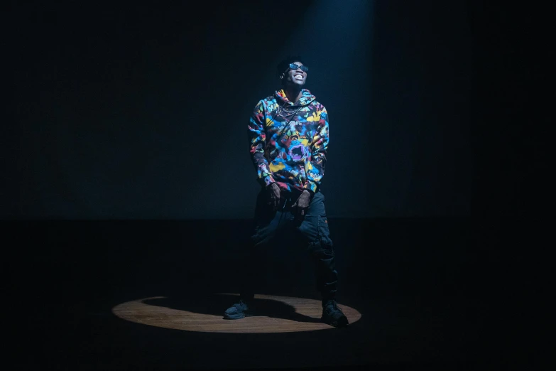 a man standing on top of a wooden floor, a hologram, by Nina Hamnett, unsplash, holography, from kehinde wiley, [ theatrical ], full body 8k, rapper