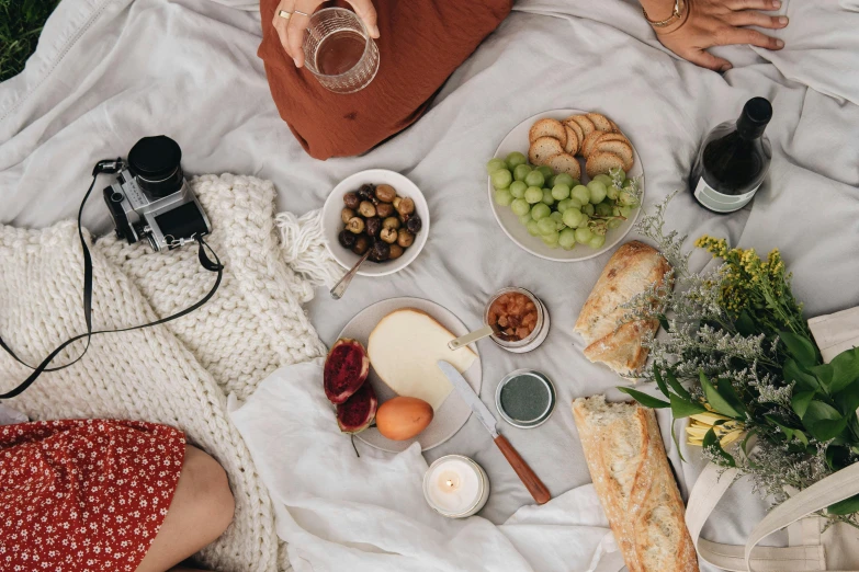 a woman sitting on a blanket holding a glass of wine, a still life, trending on pexels, eating a cheese platter, white tablecloth, girls resting, couple on bed
