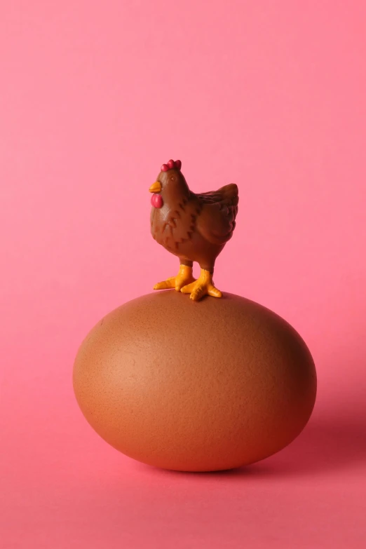 a chicken standing on top of an egg, by Lee Loughridge, chocolate, transgender, close - up photograph, pink