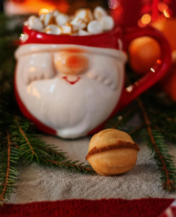 a close up of a cup of hot chocolate with marshmallows, inspired by Ernest William Christmas, some oak acorns, sitting on santa, product display photograph, orange and white