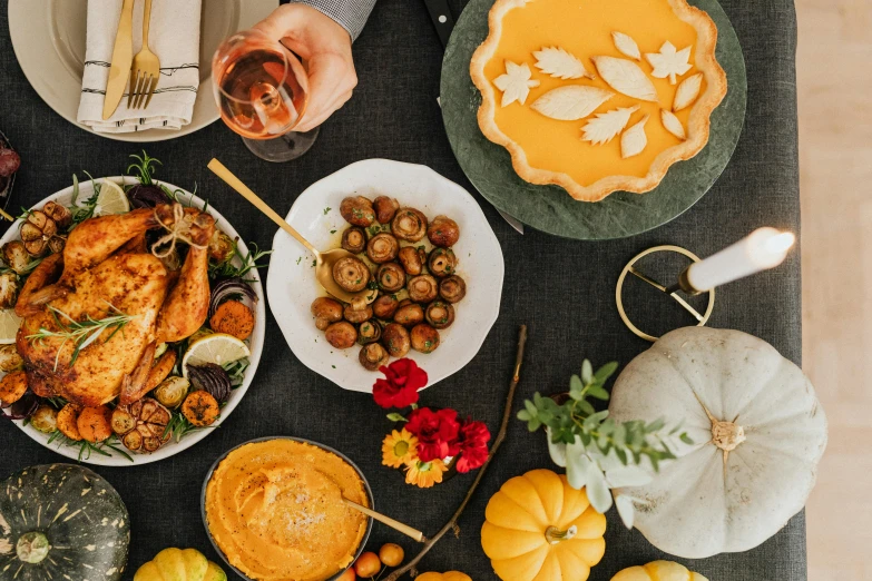 a table topped with lots of different types of food, pexels contest winner, renaissance, pumpkins, background image, full body image, holiday vibe