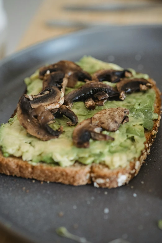 a piece of bread with avocado and mushrooms on it, by Tom Wänerstrand, pexels contest winner, jen atkin, grey, made of mushrooms, at home