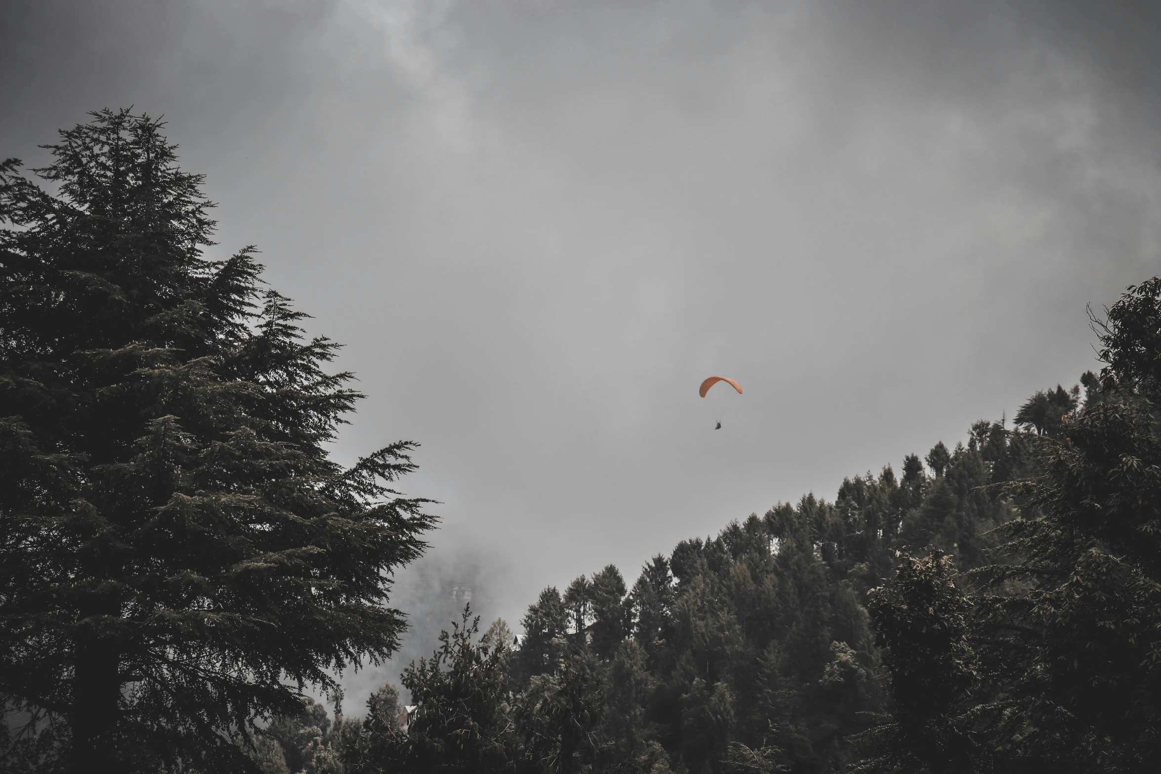 a person that is flying a kite in the sky, grey skies, in the middle of a forest, uttarakhand, skydiving