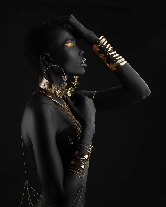 a woman with black skin and gold jewelry, inspired by Hedi Xandt, afrofuturism, display”, black on black, decollete, black and orange