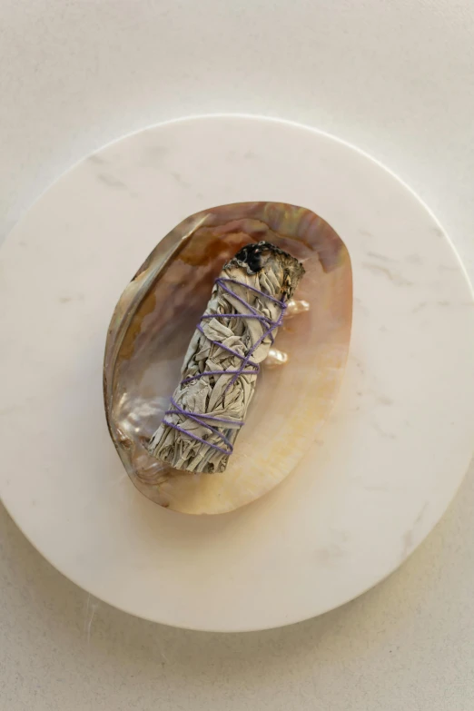 a donut sitting on top of a white plate, silver and amethyst, large shell, zezhou chen, smudge