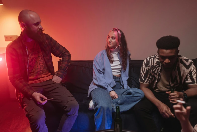 a group of people sitting on top of a couch, pexels, antipodeans, neon jungle, portrait image, charli bowater, ( ( theatrical ) )