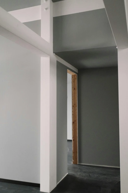 a room with a black floor and white walls, inspired by Donald Judd, unsplash, detail structure, narrow passage, grey, pastel'