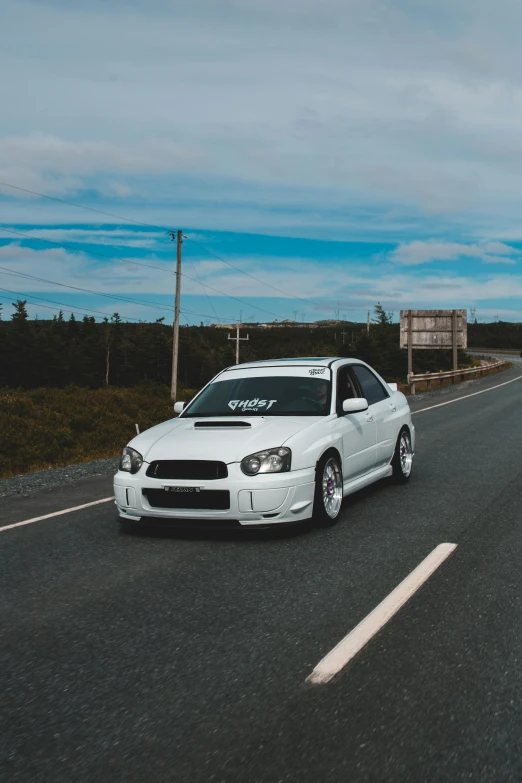 a white car is driving down the road, a picture, by Brian Snøddy, unsplash contest winner, mid body portrait, jdm, rave otufit, regular build