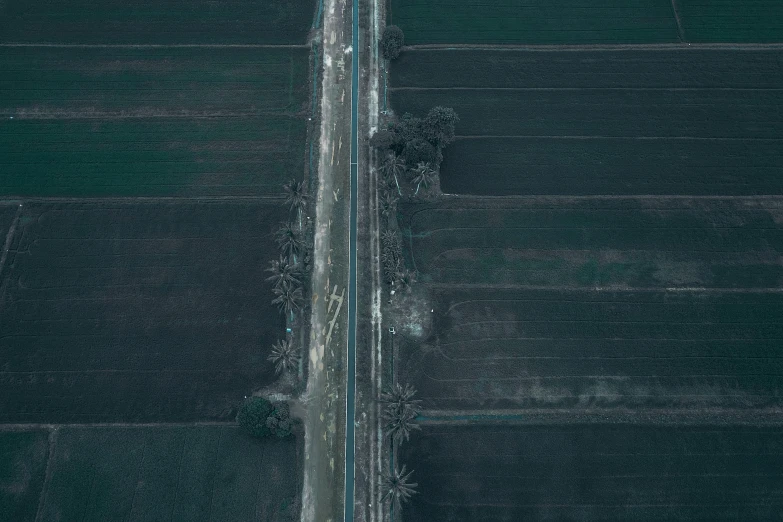 an aerial view of a road in the middle of a field, by Jacob Toorenvliet, damaged structures, dark road, lut, asher duran