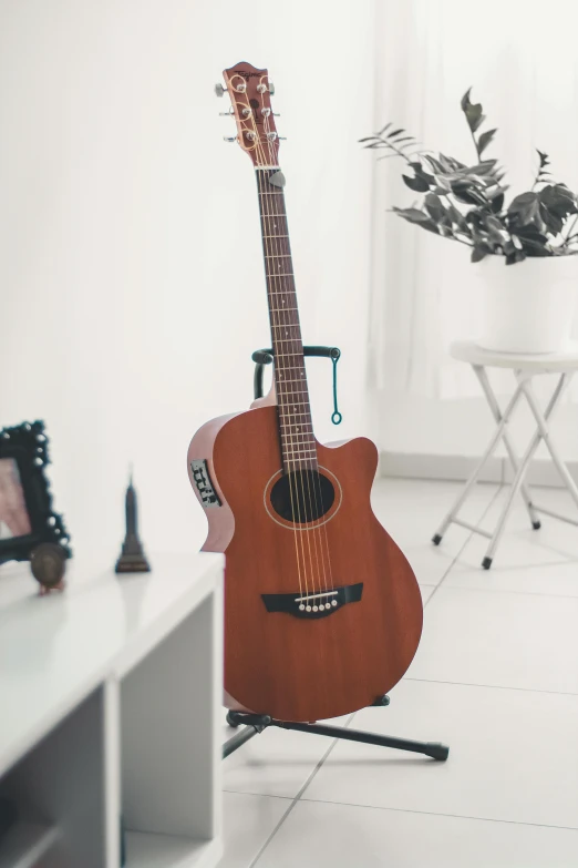 a guitar sitting on a stand in a living room, detailed product image, on a white table, brown, medium height