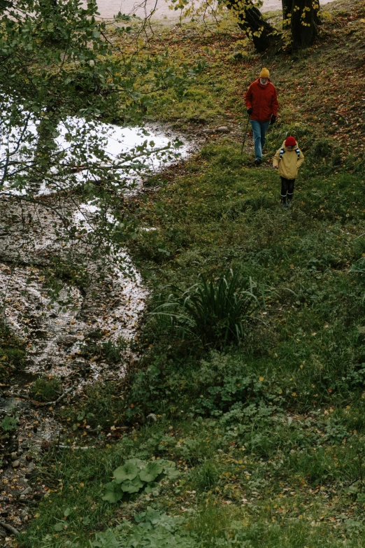 a couple of people that are standing in the grass, an album cover, flickr, land art, small stream, rainy; 90's photograph, walking boy, loosely cropped