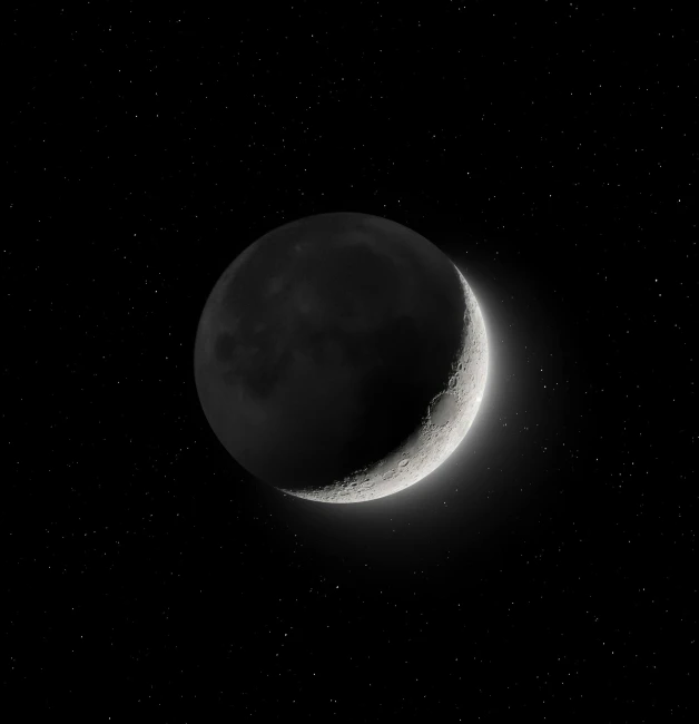 a black and white photo of the moon, a digital rendering, by Adam Marczyński, pixabay, hurufiyya, rendered illustration, shining crescent moon, during dawn, 3 d