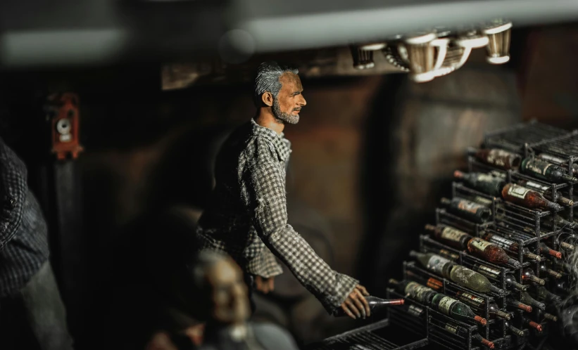 a figurine of a man standing in front of a rack of wine bottles, a tilt shift photo, unsplash, figuration libre, star wars cavern interior, old gigachad with grey beard, working in the forge, bottom view ， bladerunner