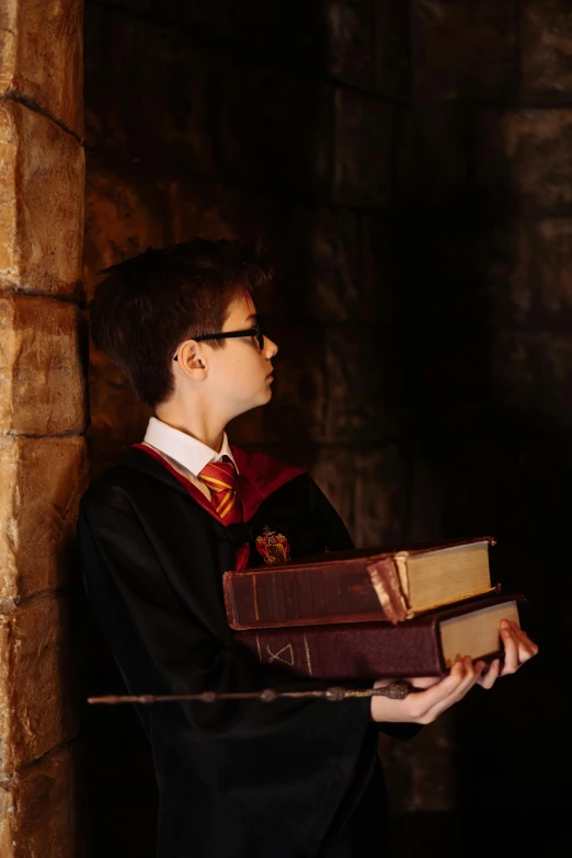 a boy in a harry potter robe holding a stack of books, pexels contest winner, inside a crypt, gryffindor, ( ( theatrical ) ), photoshoot