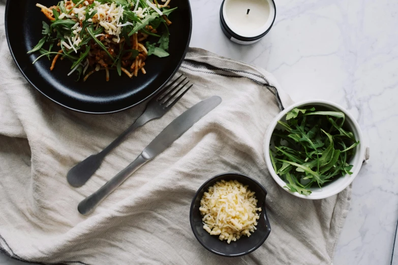 a plate of food sitting on top of a table, by Carey Morris, pexels contest winner, renaissance, eats pasta all the time, greens), linen, full product shot