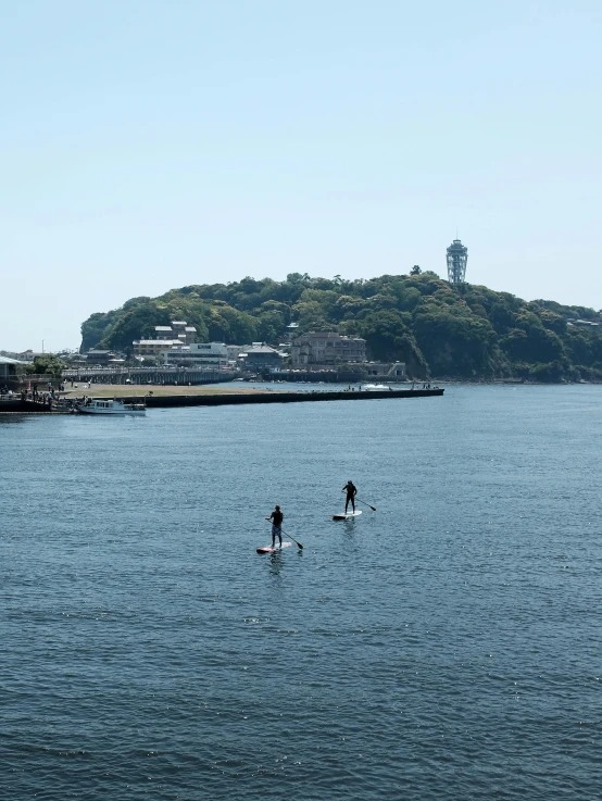 a group of people riding surfboards on top of a body of water, by Okada Hanko, city view, upon a peak in darien, sup, けもの