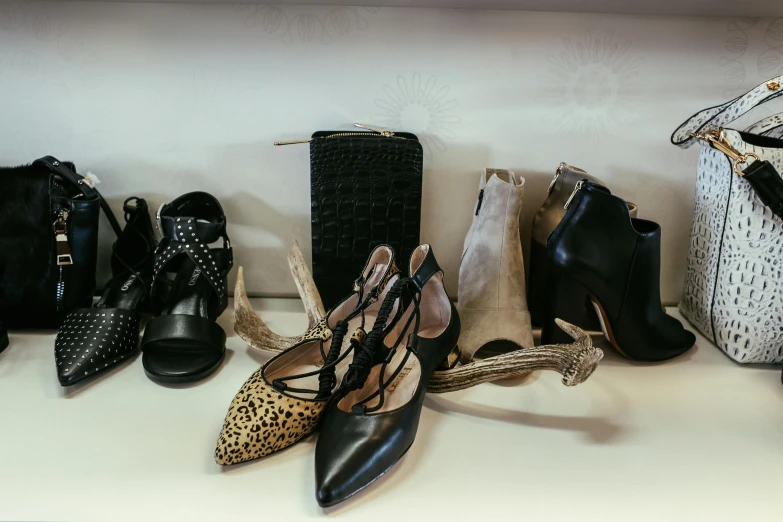 a collection of women's shoes and bags on a shelf, a still life, by Carey Morris, trending on pexels, animal skins, black shoes, “ iron bark, high angle close up shot