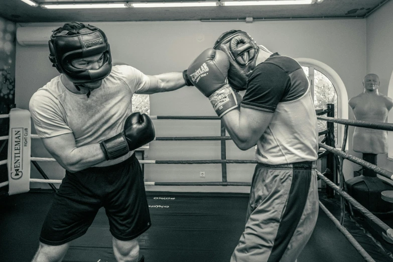 a couple of men standing next to each other in a boxing ring, a photo, by Jaakko Mattila, pexels contest winner, art nouveau, working out, hands shielding face, thumbnail, post+processing