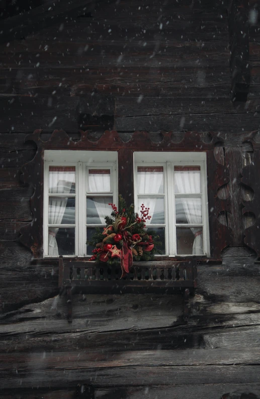 a couple of windows sitting on top of a wooden building, decorations, snowflakes, trending photo, low iso