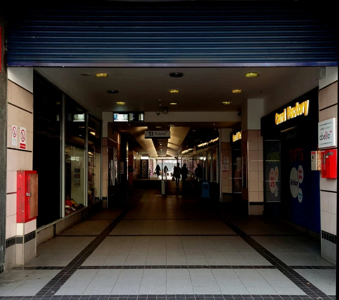 a red fire hydrant sitting in the middle of a hallway, a photo, by Peter Churcher, hyperrealism, lots of shops, te pae, seen from below, shuttered mall store