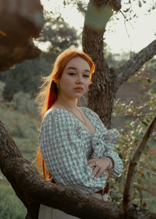 a woman standing on top of a tree branch, an album cover, inspired by Elsa Bleda, trending on pexels, renaissance, long braided orange red hair, portrait mode photo, portrait sophie mudd, official screenshot
