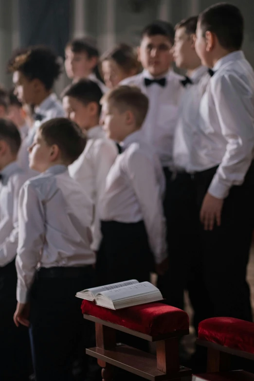 a group of young men standing next to each other, an album cover, by David Simpson, trending on unsplash, danube school, choir, barron trump, sheet music, audience