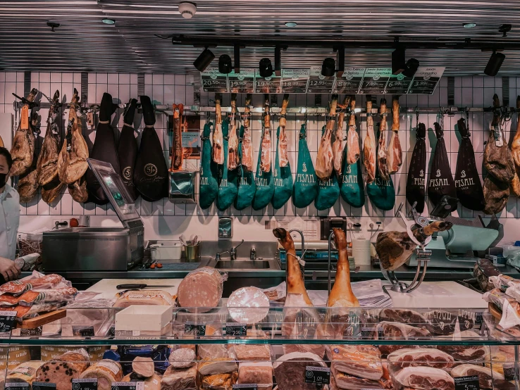 a store filled with lots of meat hanging from the ceiling, pexels contest winner, 🦩🪐🐞👩🏻🦳, pristine and clean, spanish, award-winning crisp details”