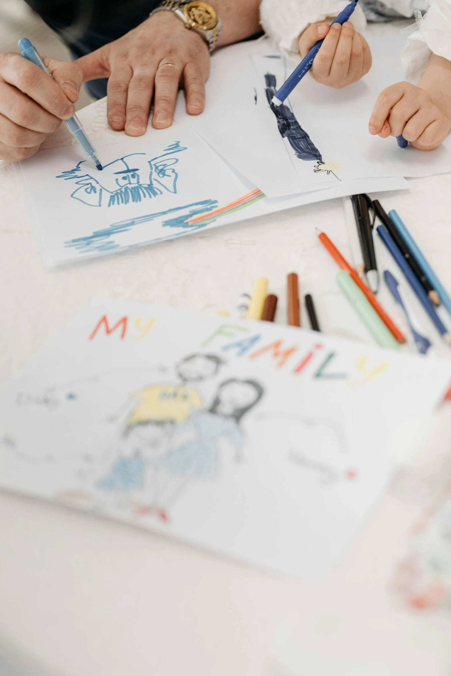 a couple of people that are sitting at a table, a child's drawing, by Nicolette Macnamara, pexels, detailed photo of an album cover, on white paper, medium close up shot, promotional image