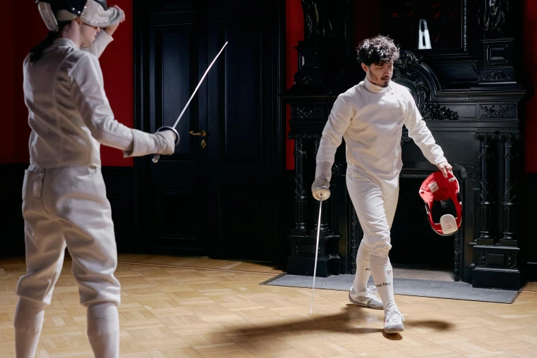 a couple of men standing next to each other on a wooden floor, inspired by Horace Vernet, pexels contest winner, interactive art, fencing, silver，ivory, white uniform, timothee chalamet