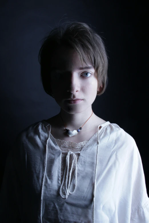 a woman in a white shirt posing for a picture, a character portrait, inspired by Anna Füssli, unsplash, renaissance, creepy child, cyber necklace, shot at dark with studio lights, taken in the late 2010s