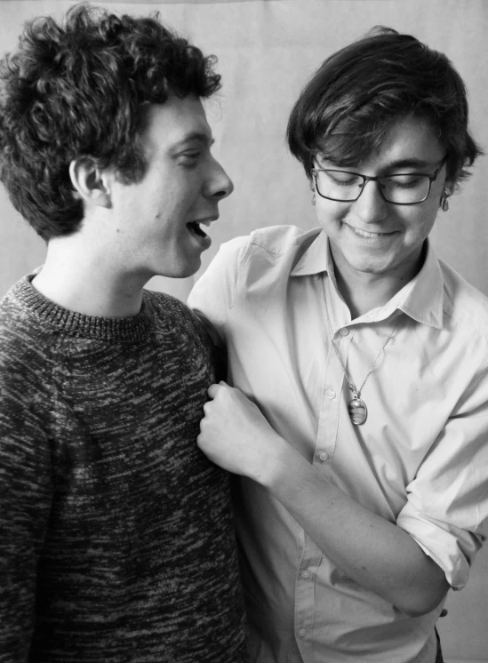 a couple of men standing next to each other, by Ryan Pancoast, antipodeans, yearbook photo, giggling, profile image, john egbert