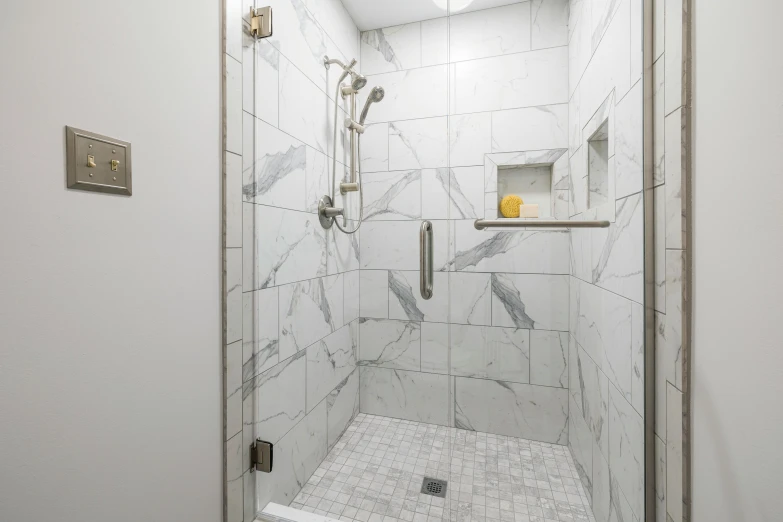 a bathroom with a walk in shower next to a toilet, by Washington Allston, white calacatta gold marble, 3/4 view from below, from street level, thumbnail