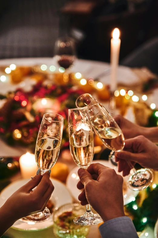 a group of people toasting glasses of champagne, fairy lights, eating, finer details, warmly lit