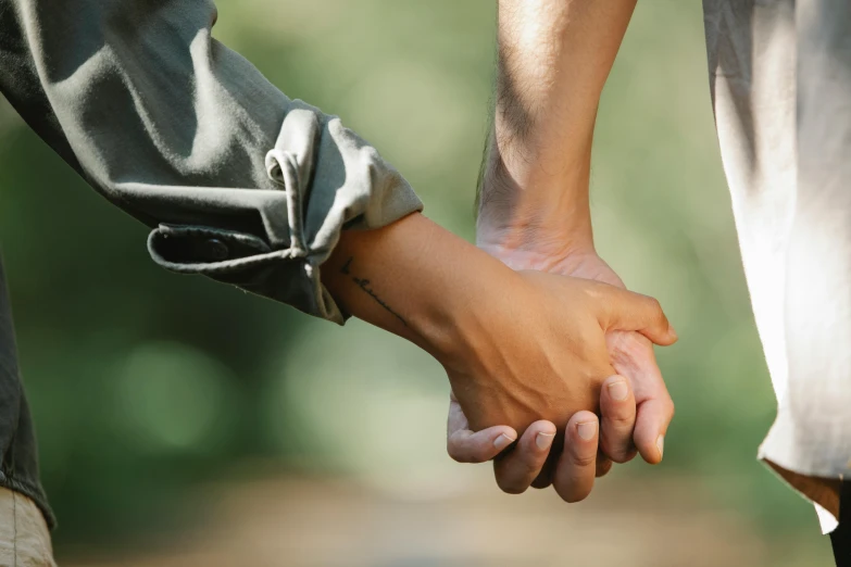 a close up of two people holding hands, a cartoon, trending on pexels, sydney park, colour photo, brown, lightweight